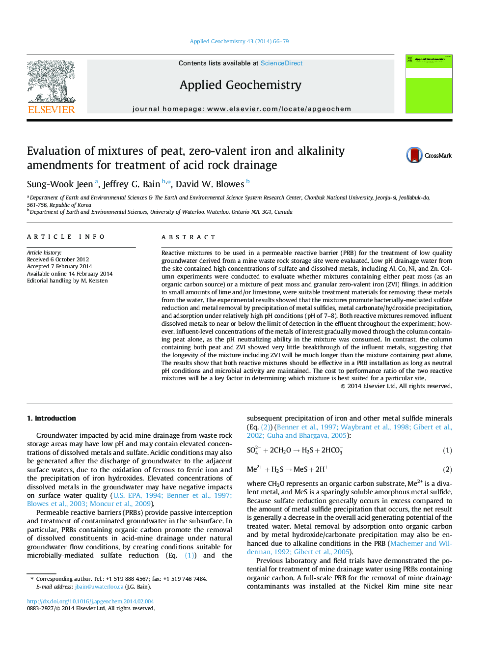 Evaluation of mixtures of peat, zero-valent iron and alkalinity amendments for treatment of acid rock drainage