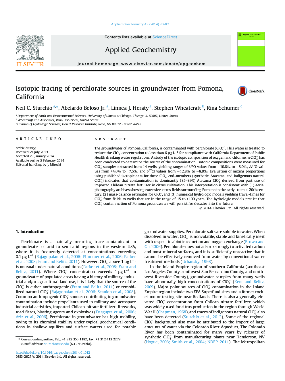 Isotopic tracing of perchlorate sources in groundwater from Pomona, California