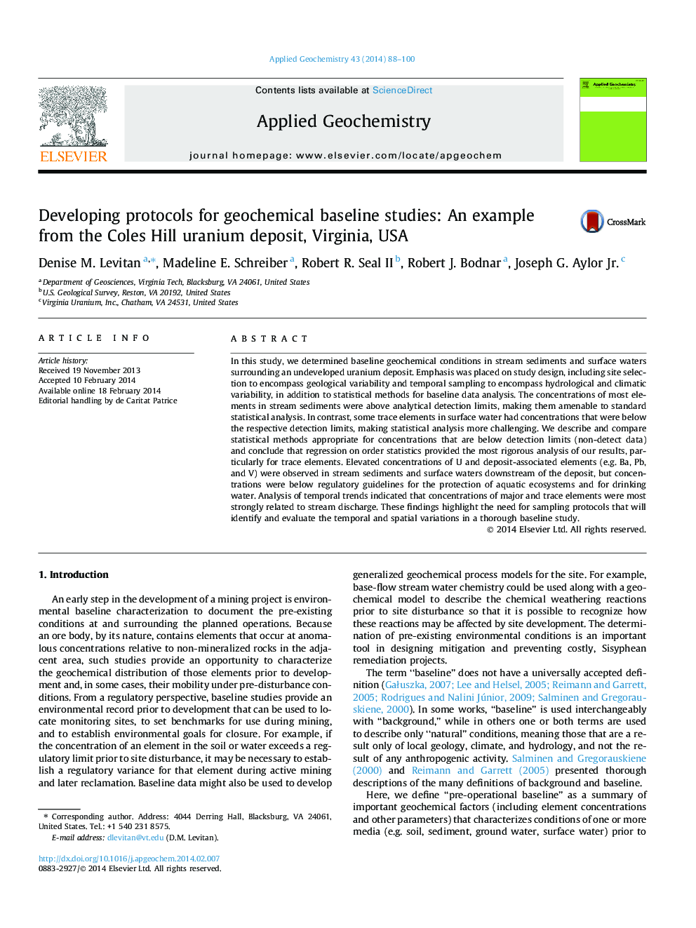 Developing protocols for geochemical baseline studies: An example from the Coles Hill uranium deposit, Virginia, USA