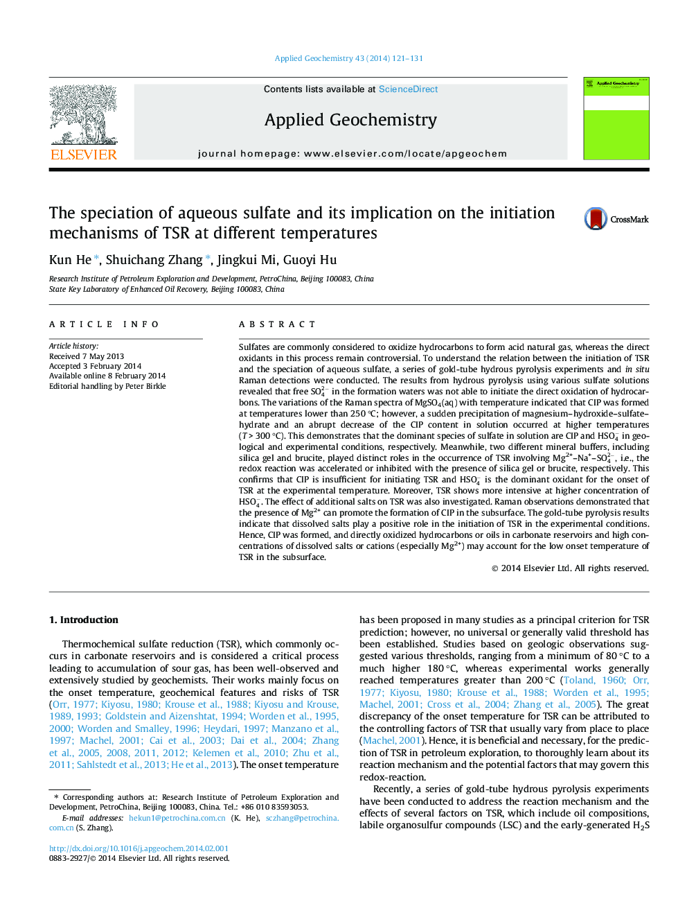 The speciation of aqueous sulfate and its implication on the initiation mechanisms of TSR at different temperatures