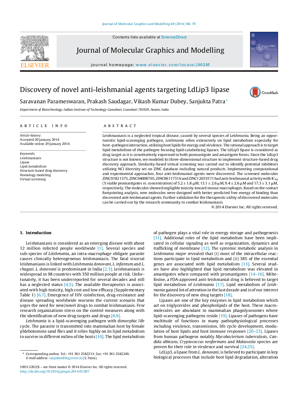 Discovery of novel anti-leishmanial agents targeting LdLip3 lipase