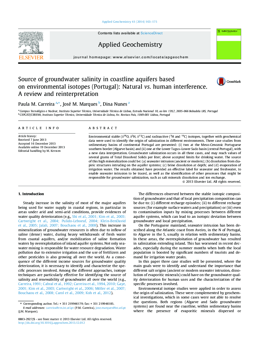 Source of groundwater salinity in coastline aquifers based on environmental isotopes (Portugal): Natural vs. human interference. A review and reinterpretation