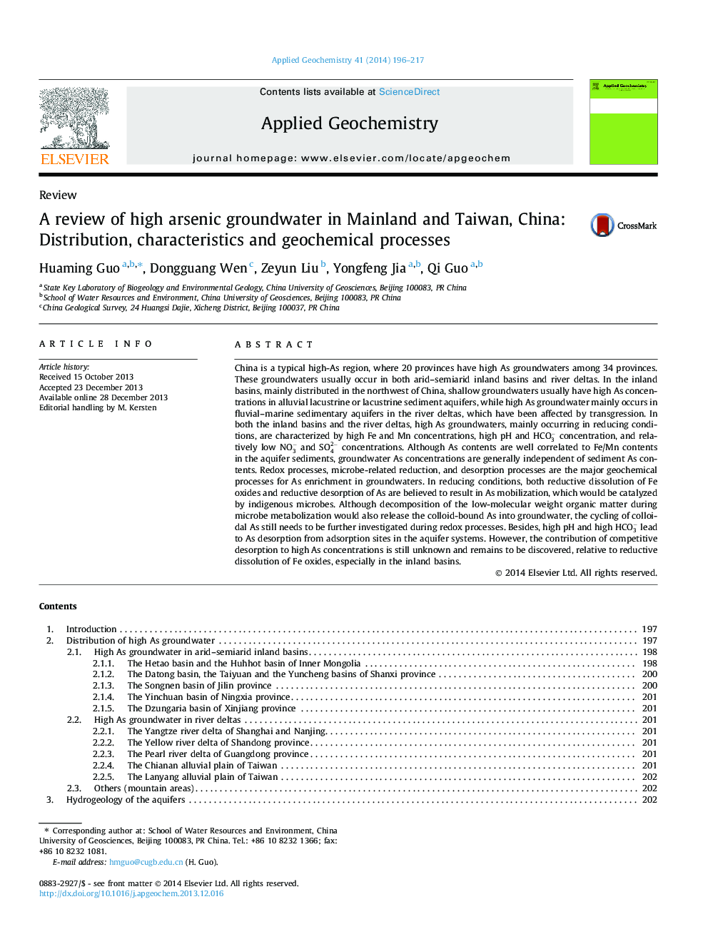 A review of high arsenic groundwater in Mainland and Taiwan, China: Distribution, characteristics and geochemical processes