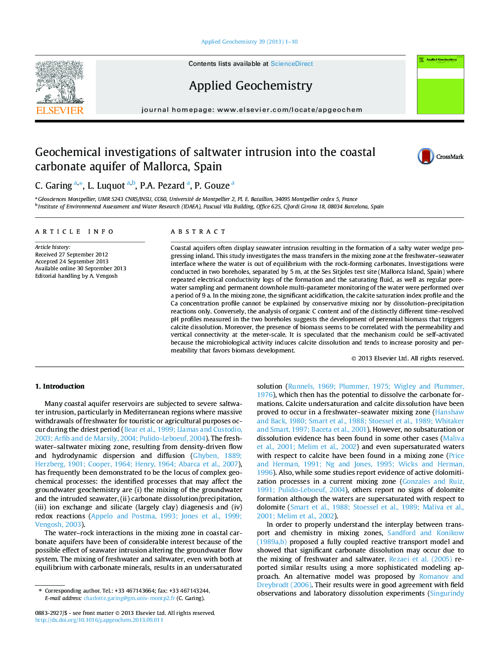 Geochemical investigations of saltwater intrusion into the coastal carbonate aquifer of Mallorca, Spain