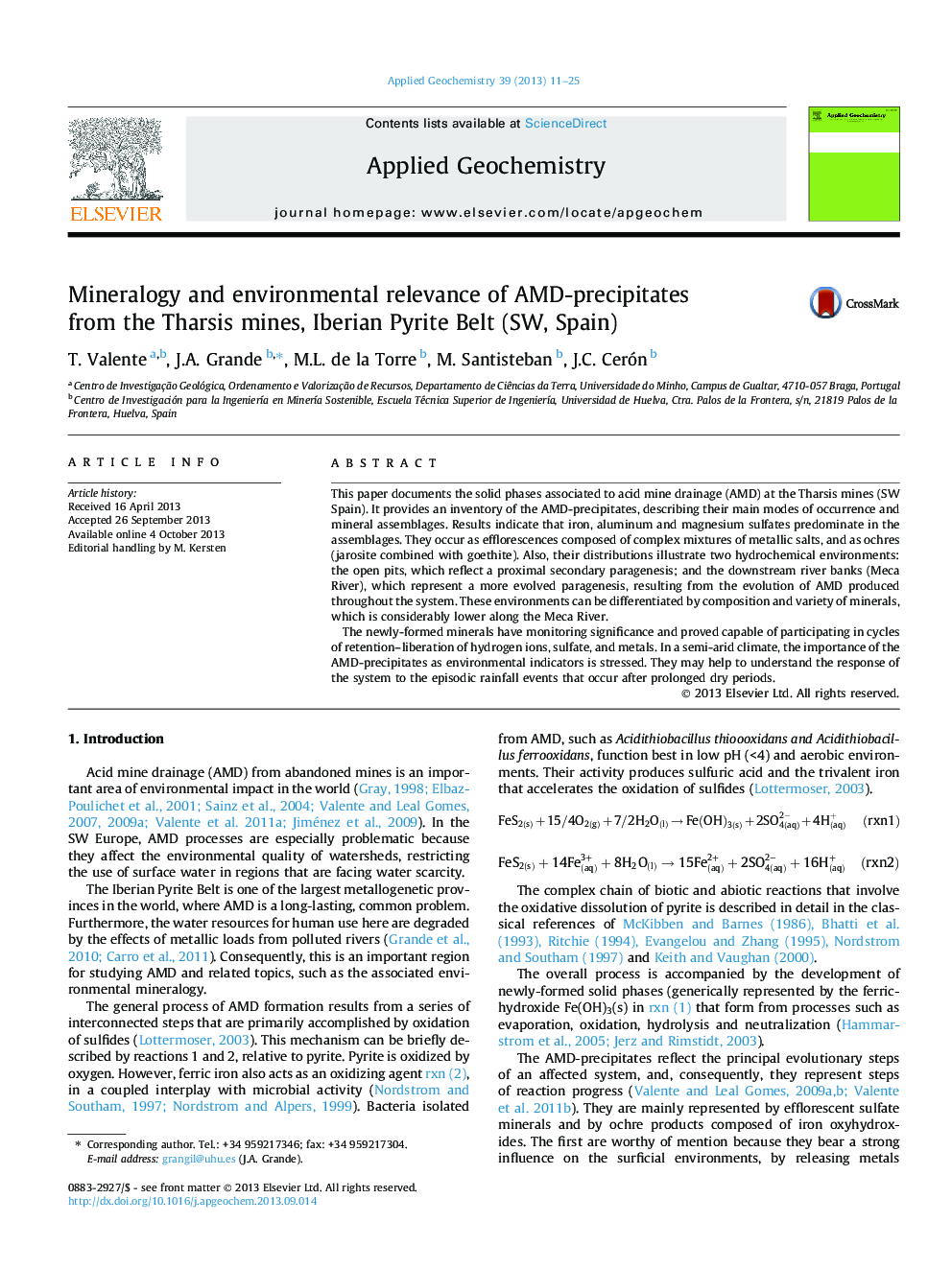 Mineralogy and environmental relevance of AMD-precipitates from the Tharsis mines, Iberian Pyrite Belt (SW, Spain)