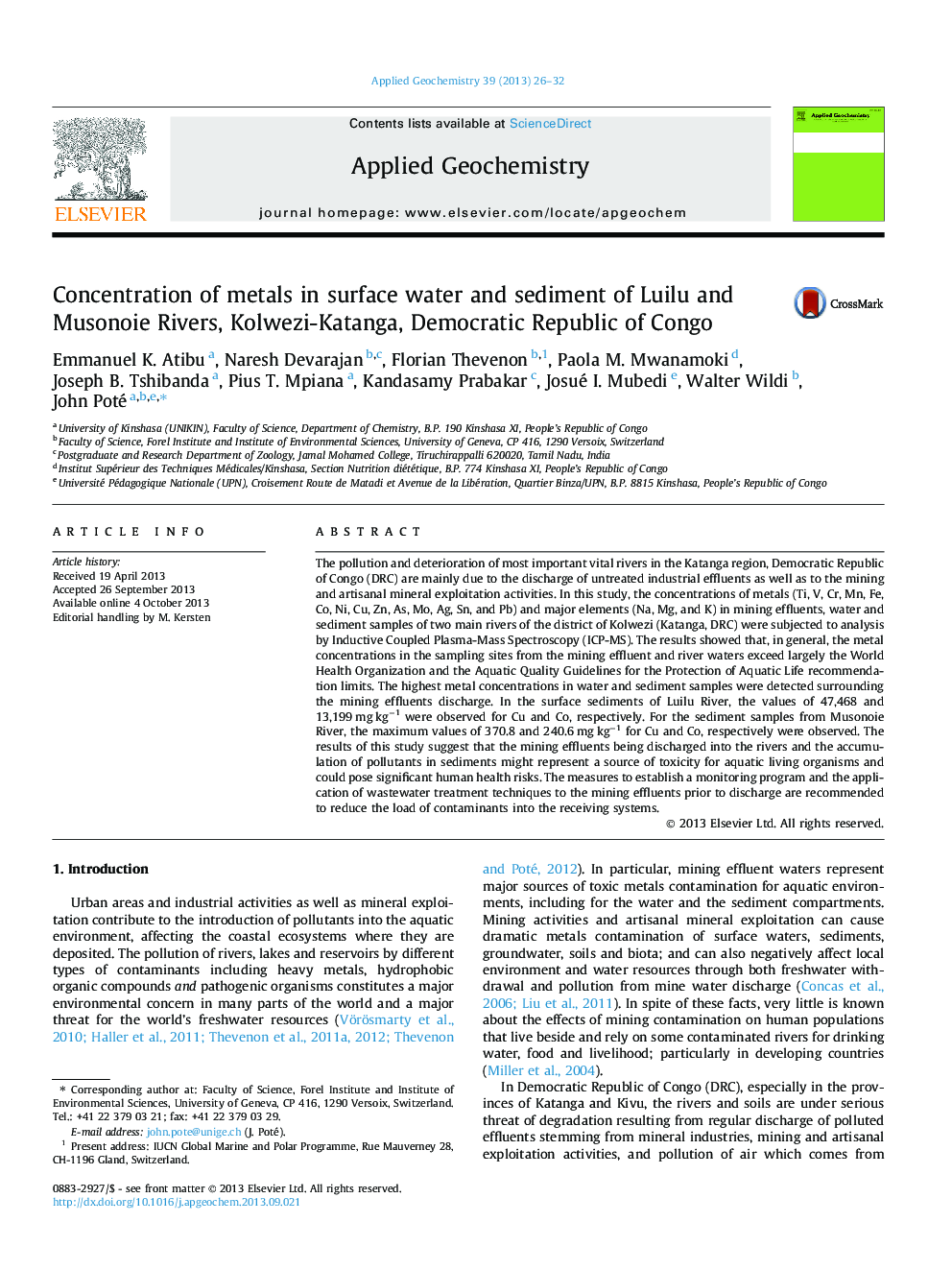 Concentration of metals in surface water and sediment of Luilu and Musonoie Rivers, Kolwezi-Katanga, Democratic Republic of Congo