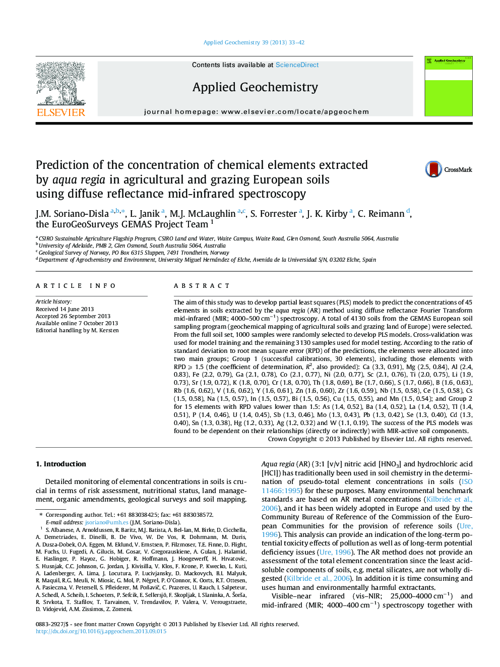 Prediction of the concentration of chemical elements extracted by aqua regia in agricultural and grazing European soils using diffuse reflectance mid-infrared spectroscopy