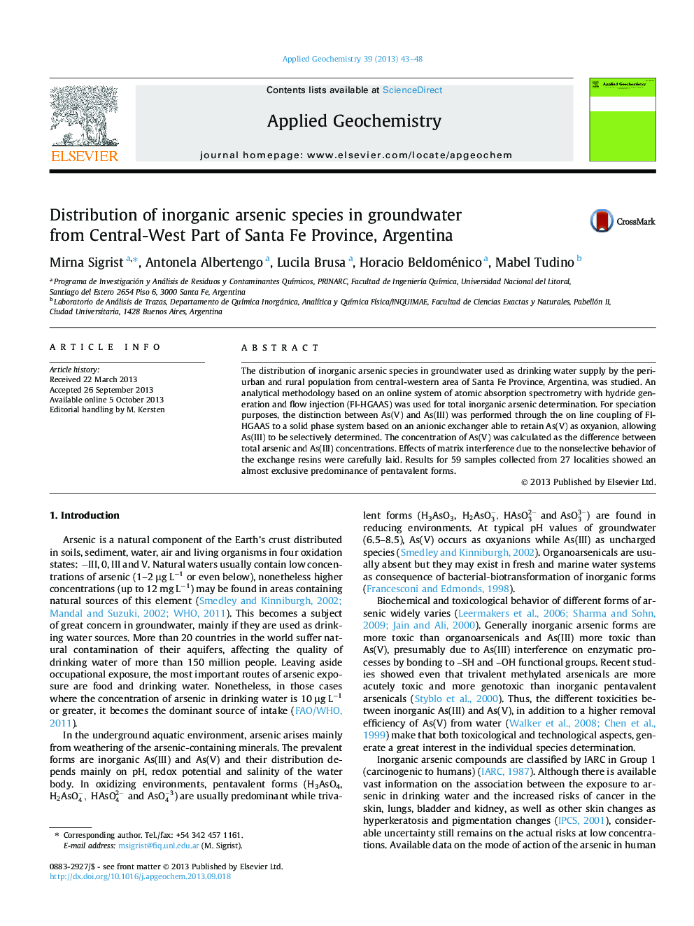 Distribution of inorganic arsenic species in groundwater from Central-West Part of Santa Fe Province, Argentina