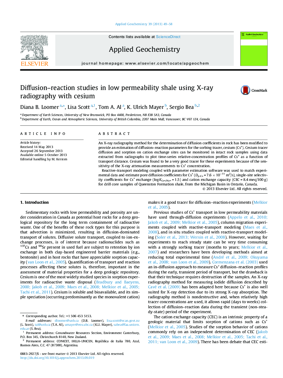 Diffusion–reaction studies in low permeability shale using X-ray radiography with cesium