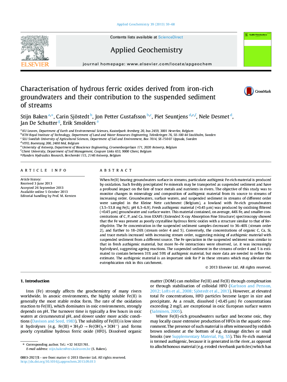 Characterisation of hydrous ferric oxides derived from iron-rich groundwaters and their contribution to the suspended sediment of streams