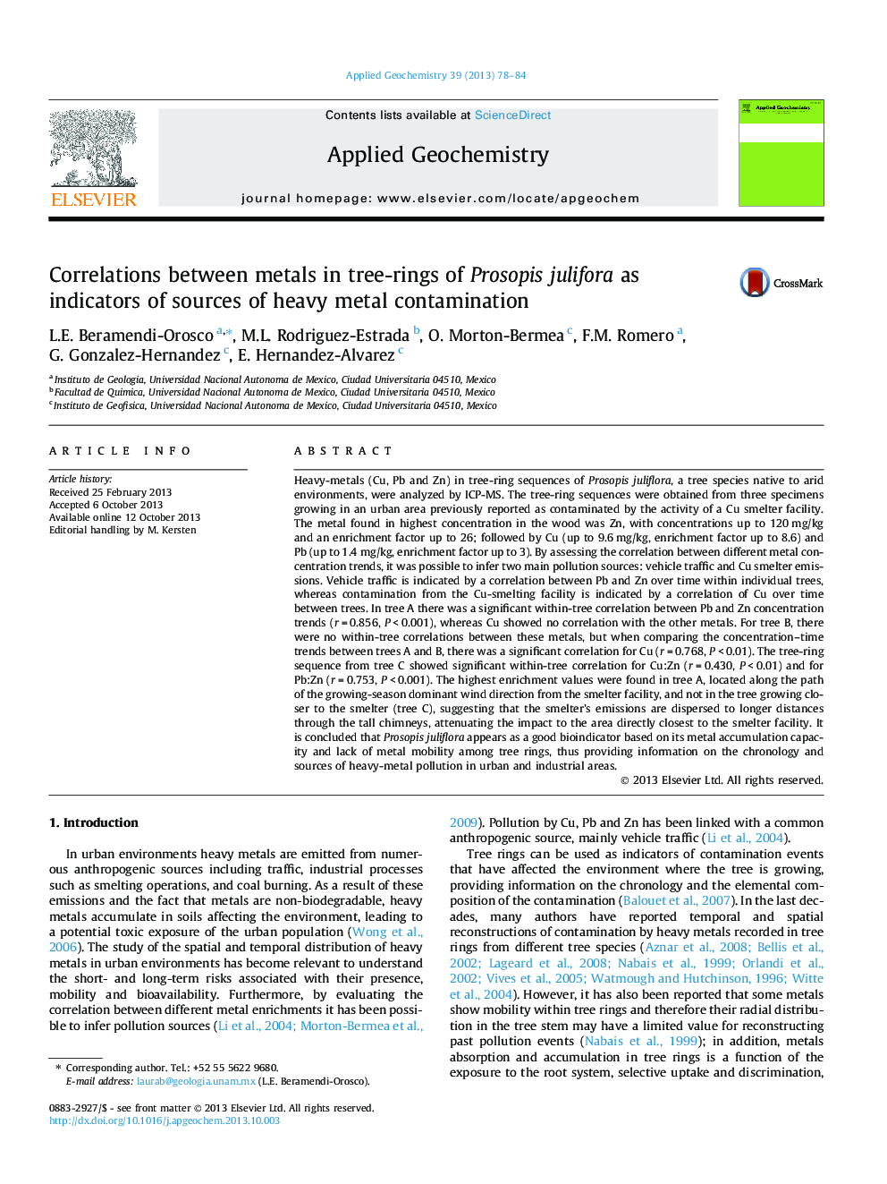Correlations between metals in tree-rings of Prosopis julifora as indicators of sources of heavy metal contamination