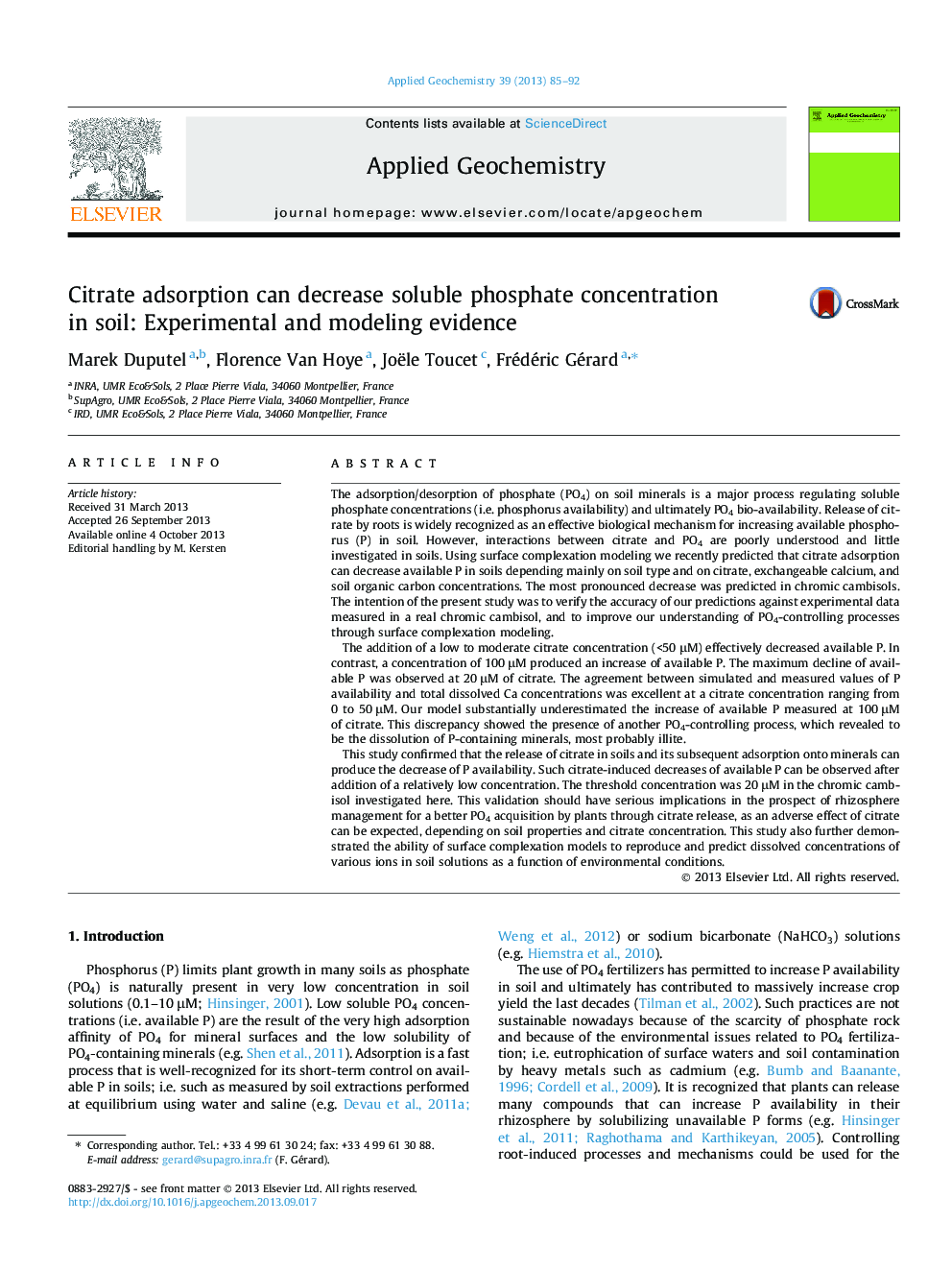 Citrate adsorption can decrease soluble phosphate concentration in soil: Experimental and modeling evidence