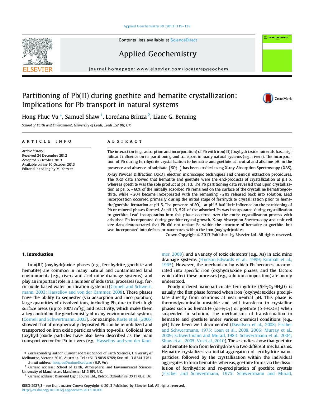Partitioning of Pb(II) during goethite and hematite crystallization: Implications for Pb transport in natural systems
