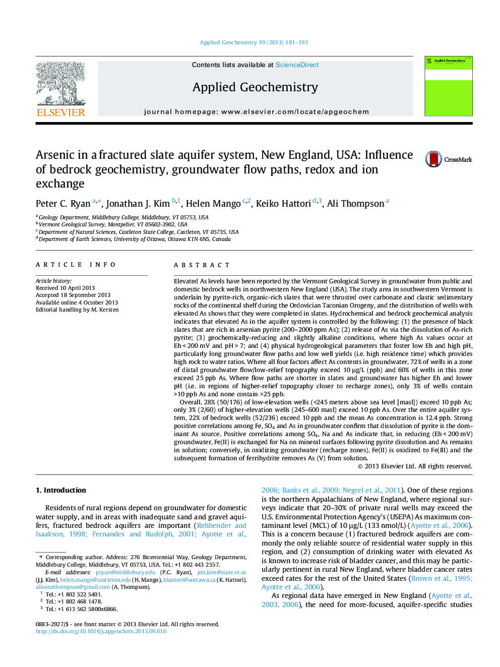 Arsenic in a fractured slate aquifer system, New England, USA: Influence of bedrock geochemistry, groundwater flow paths, redox and ion exchange