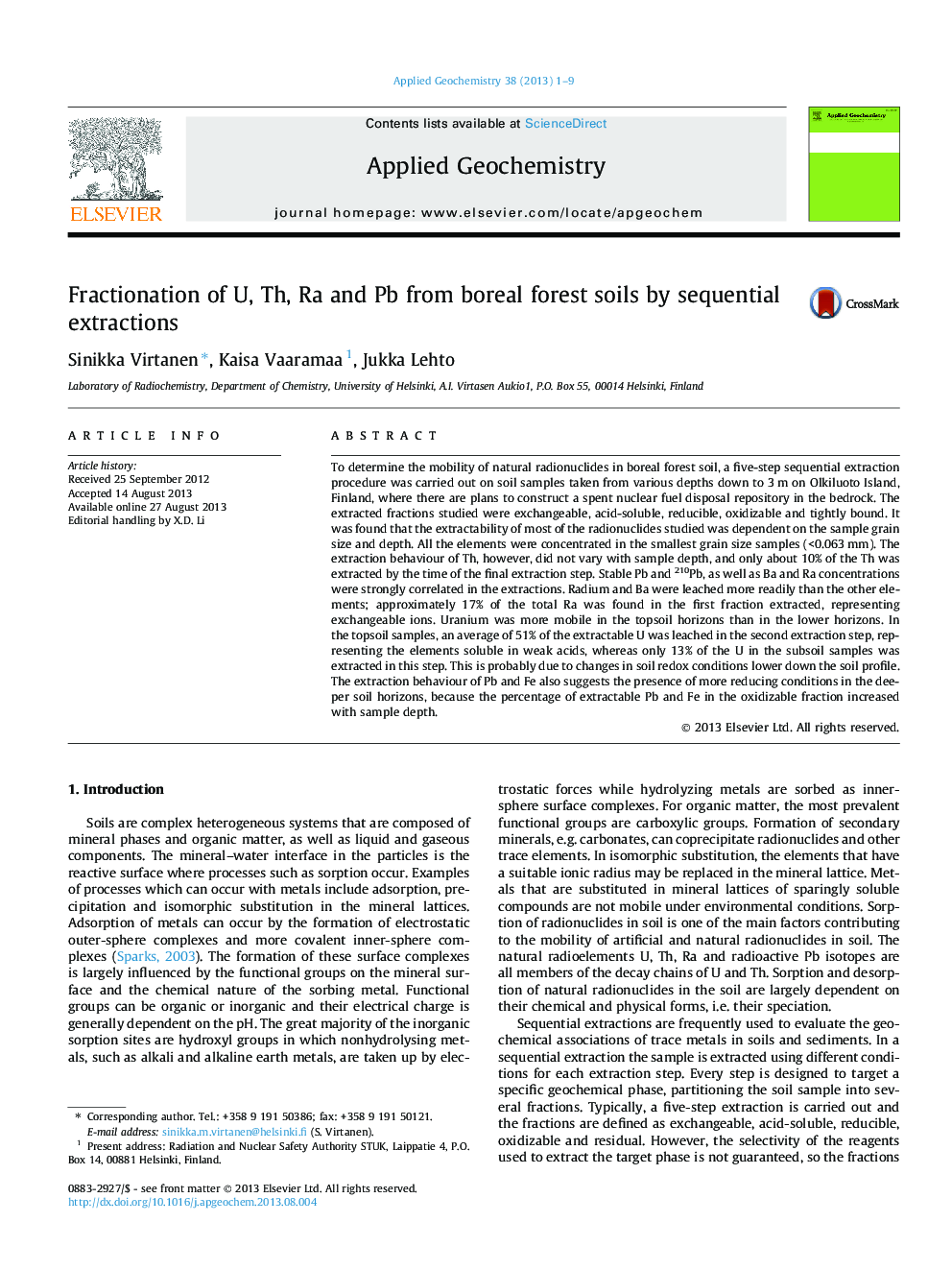 Fractionation of U, Th, Ra and Pb from boreal forest soils by sequential extractions