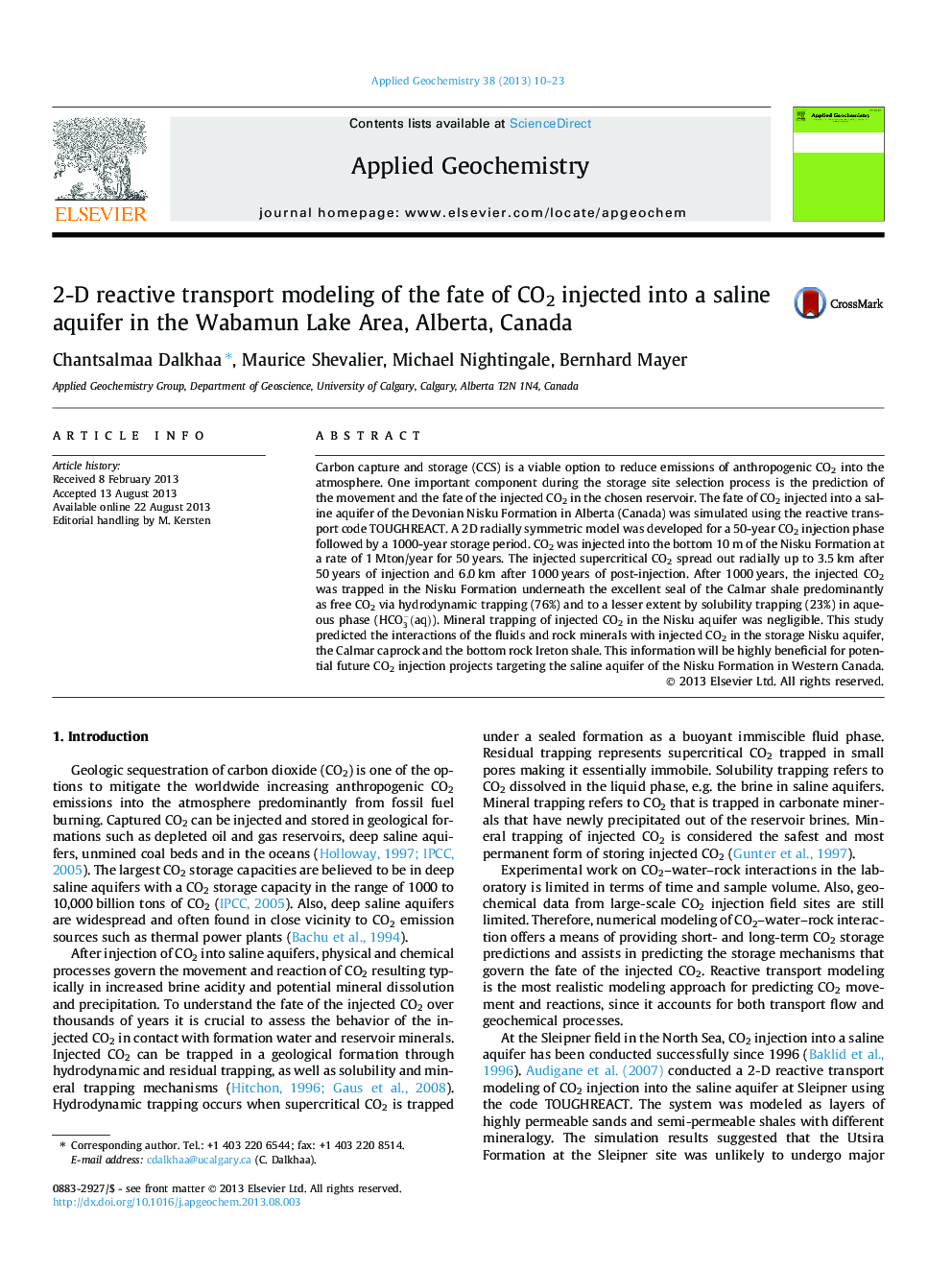 2-D reactive transport modeling of the fate of CO2 injected into a saline aquifer in the Wabamun Lake Area, Alberta, Canada