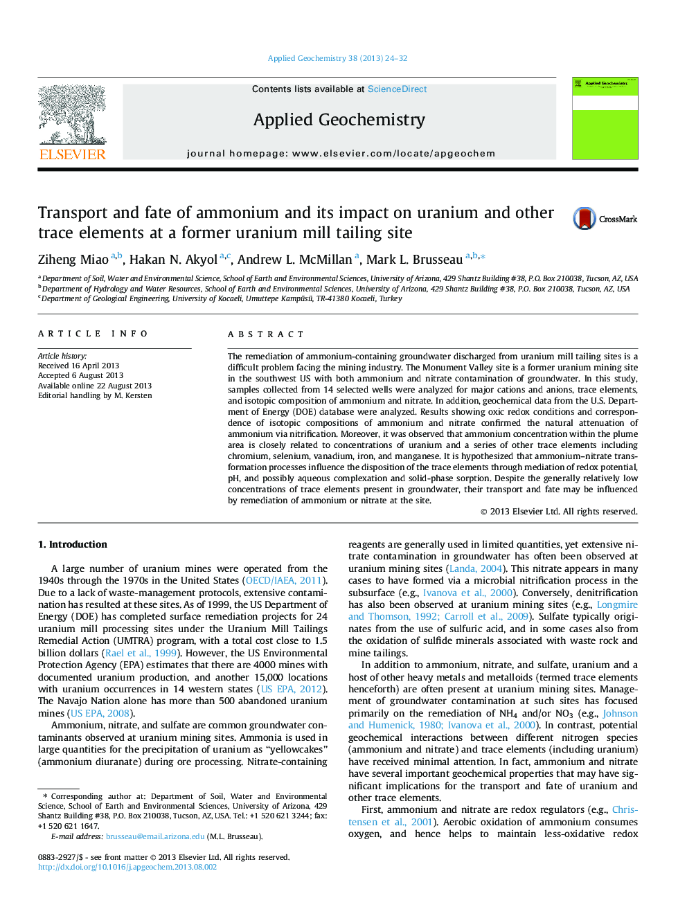 Transport and fate of ammonium and its impact on uranium and other trace elements at a former uranium mill tailing site