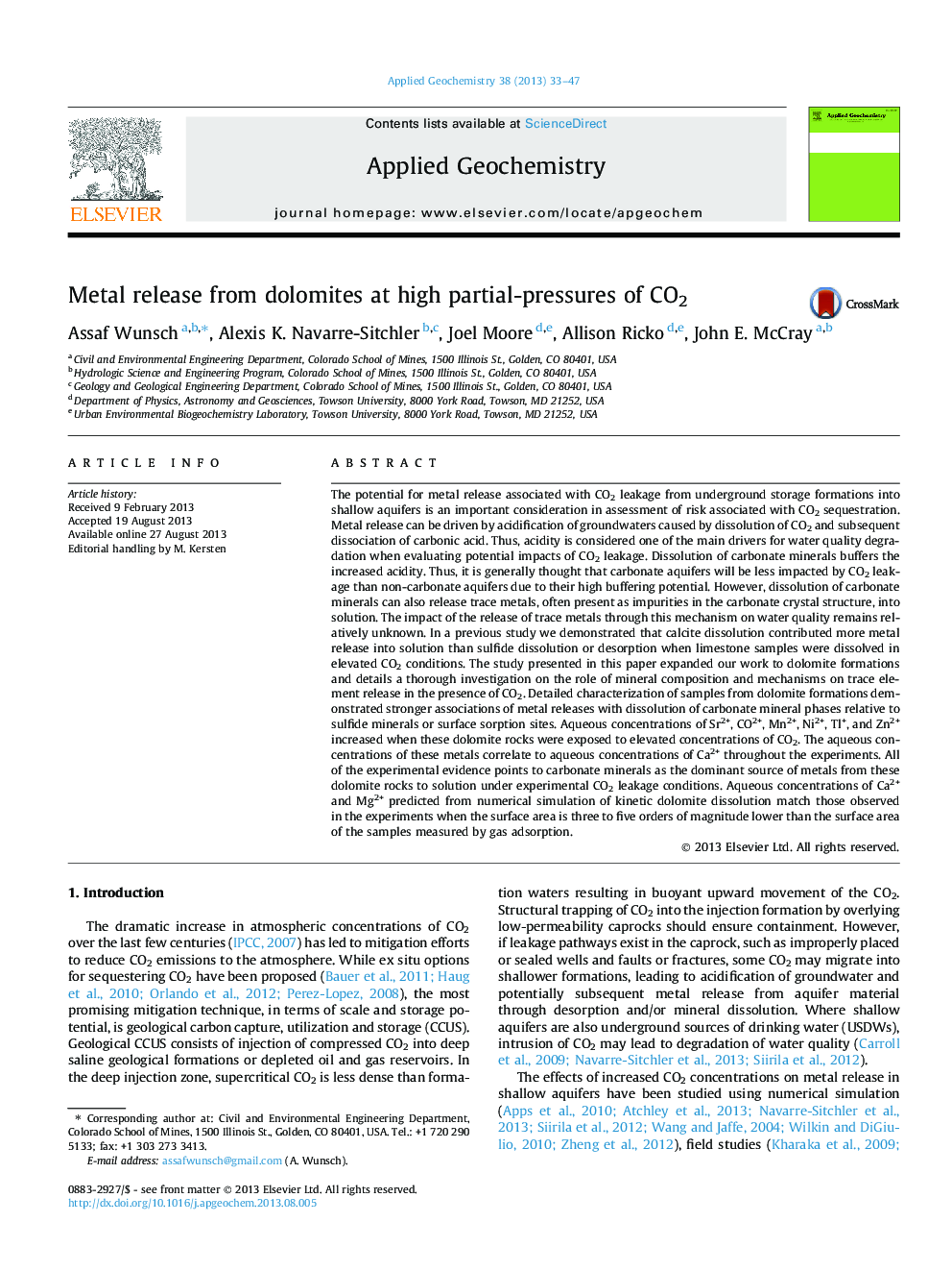 Metal release from dolomites at high partial-pressures of CO2