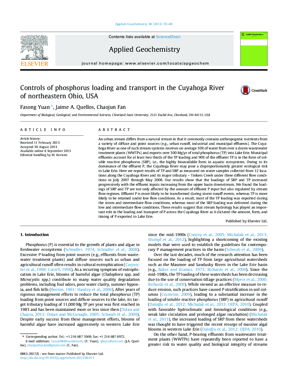Controls of phosphorus loading and transport in the Cuyahoga River of northeastern Ohio, USA