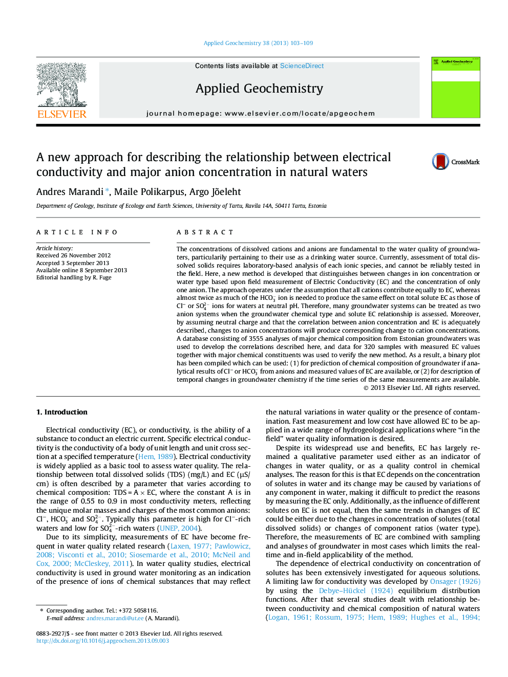 A new approach for describing the relationship between electrical conductivity and major anion concentration in natural waters