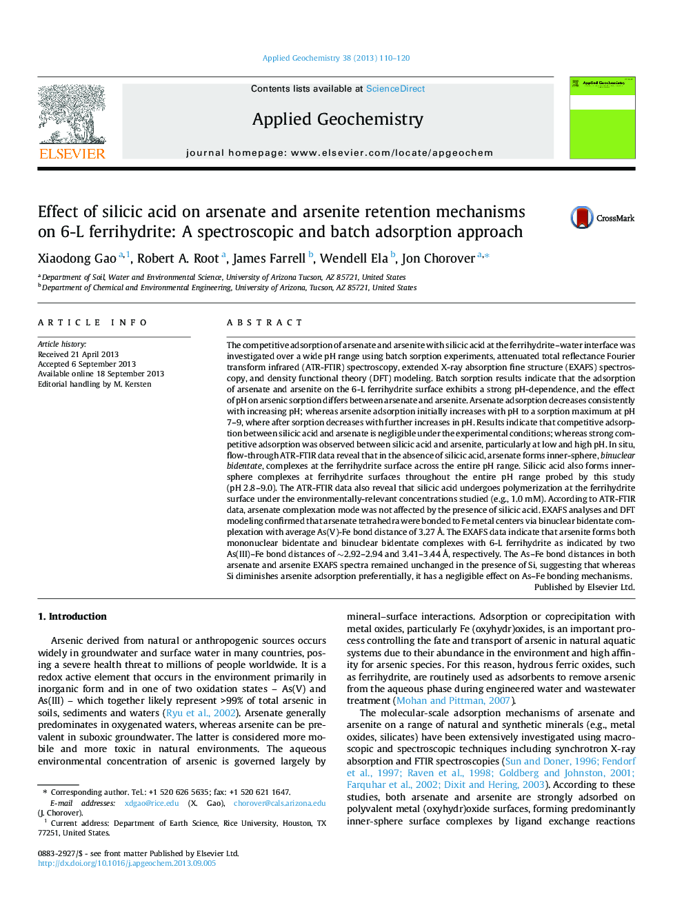 Effect of silicic acid on arsenate and arsenite retention mechanisms on 6-L ferrihydrite: A spectroscopic and batch adsorption approach