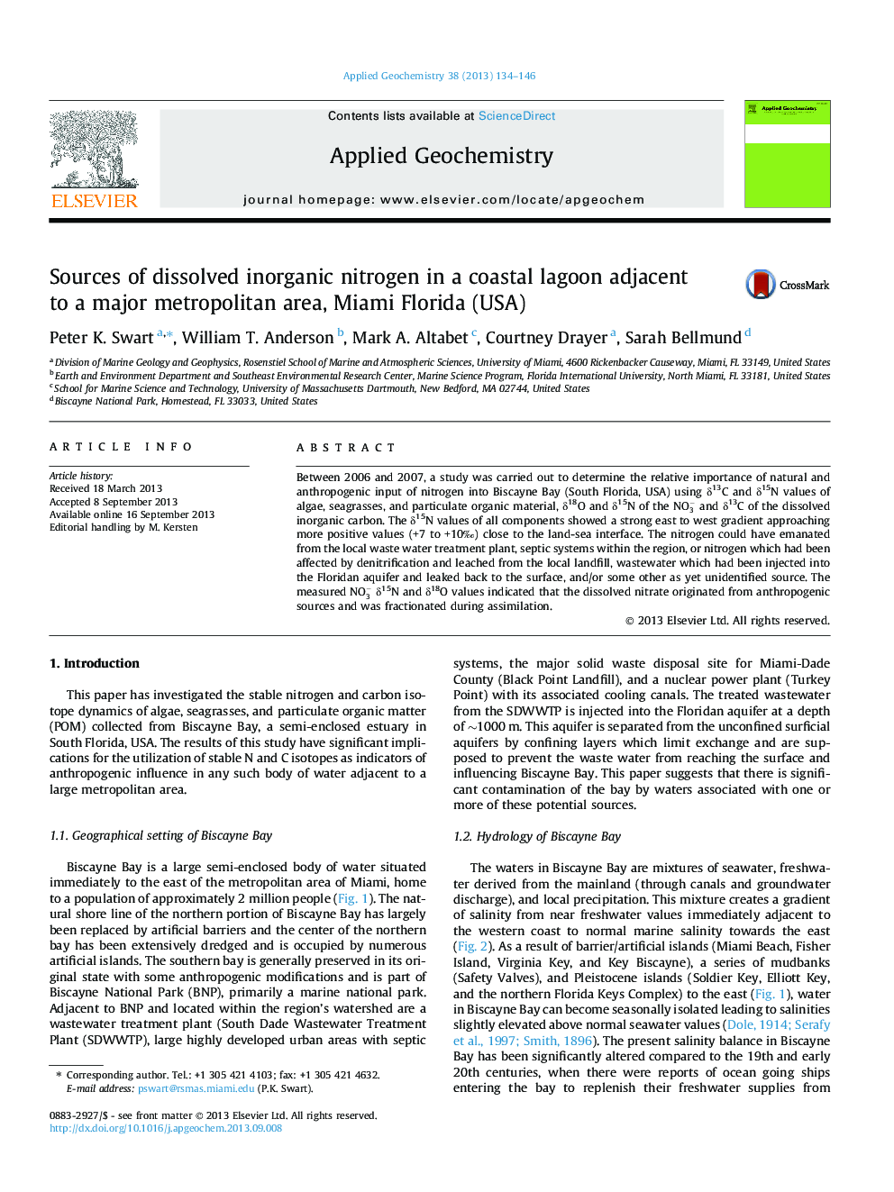 Sources of dissolved inorganic nitrogen in a coastal lagoon adjacent to a major metropolitan area, Miami Florida (USA)