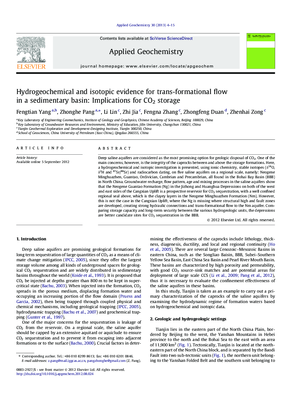Hydrogeochemical and isotopic evidence for trans-formational flow in a sedimentary basin: Implications for CO2 storage