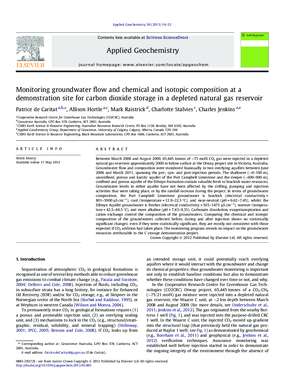Monitoring groundwater flow and chemical and isotopic composition at a demonstration site for carbon dioxide storage in a depleted natural gas reservoir