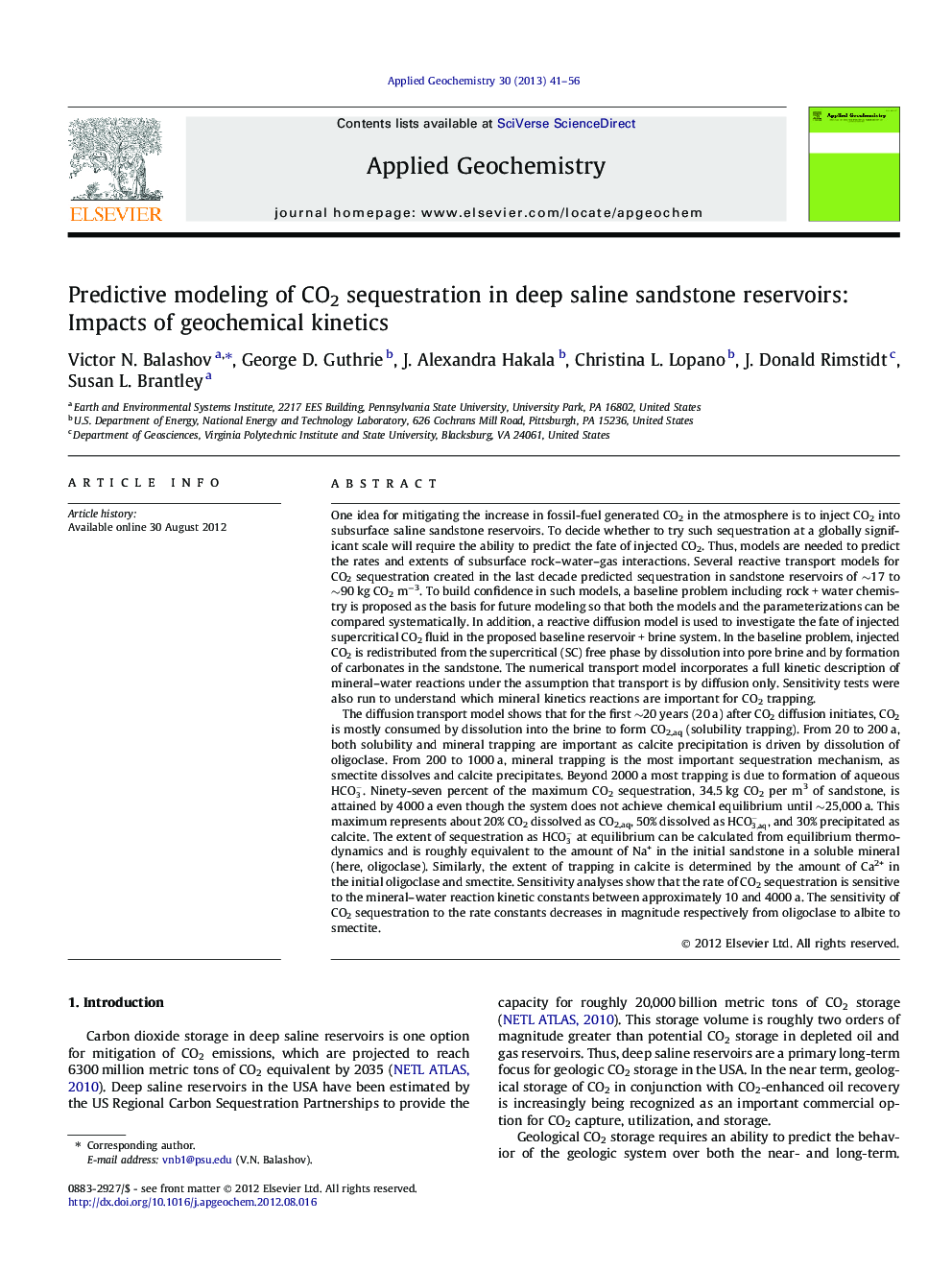 Predictive modeling of CO2 sequestration in deep saline sandstone reservoirs: Impacts of geochemical kinetics