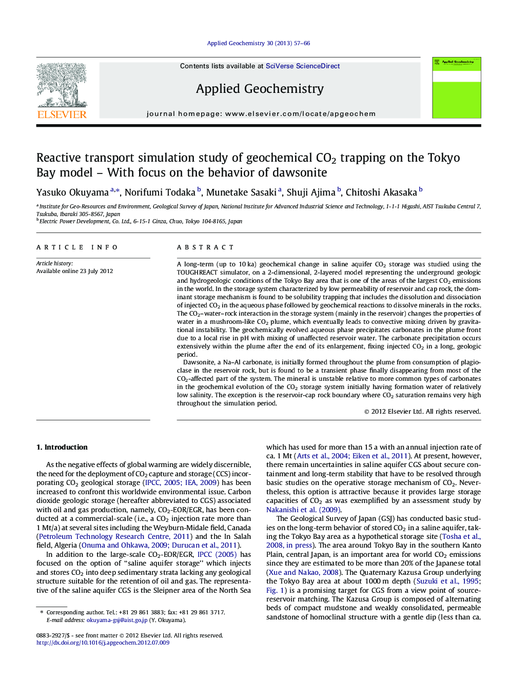 Reactive transport simulation study of geochemical CO2 trapping on the Tokyo Bay model – With focus on the behavior of dawsonite