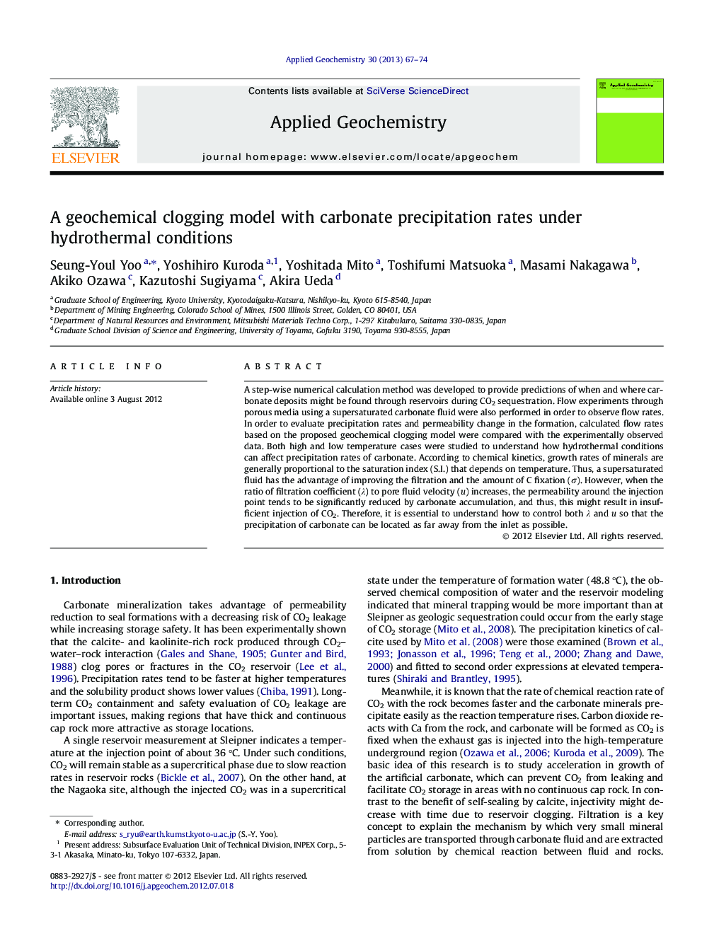 A geochemical clogging model with carbonate precipitation rates under hydrothermal conditions