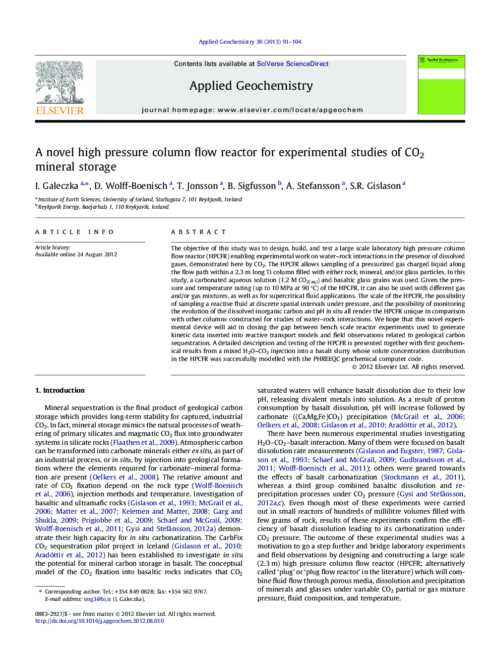 A novel high pressure column flow reactor for experimental studies of CO2 mineral storage