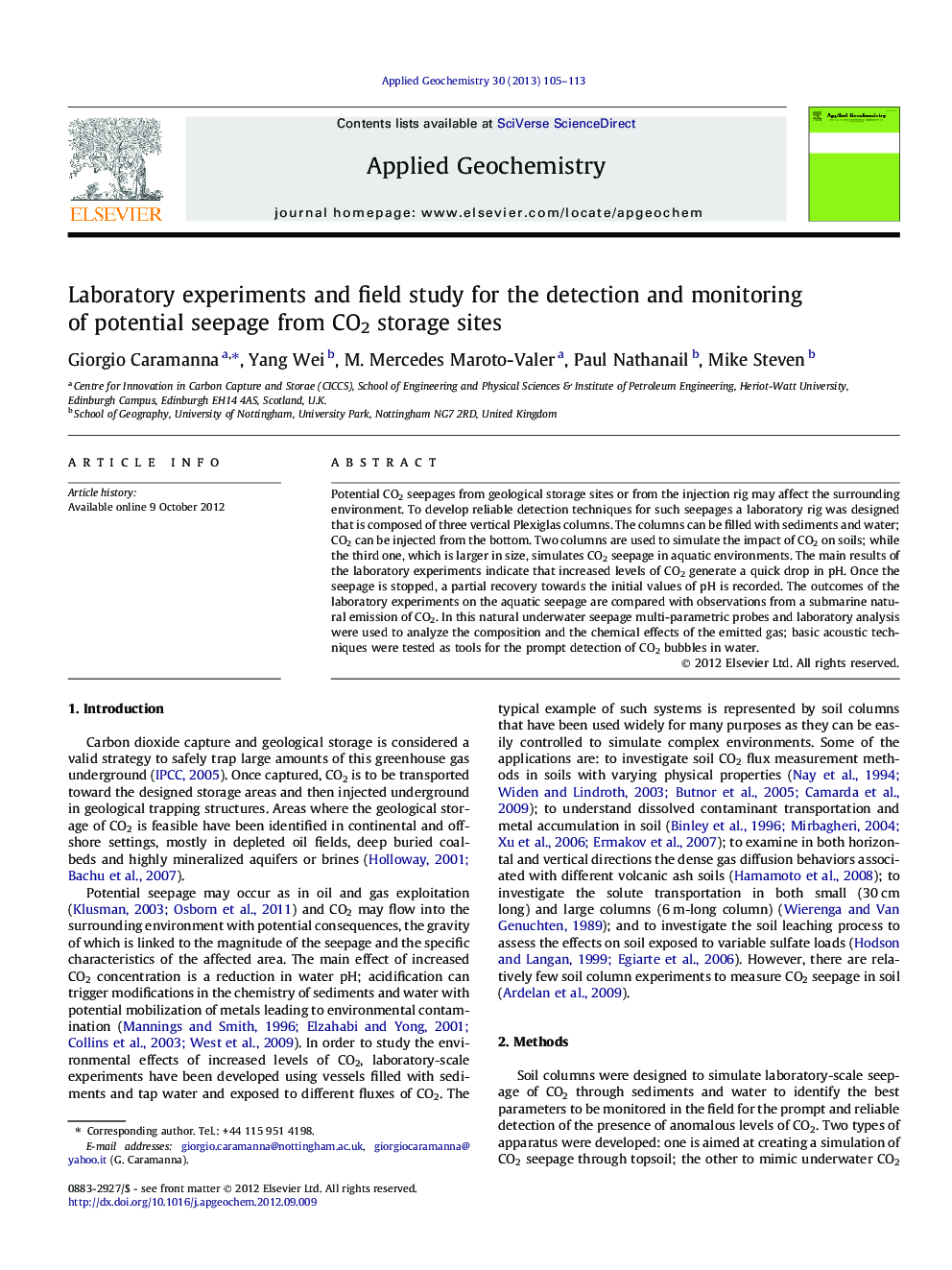 Laboratory experiments and field study for the detection and monitoring of potential seepage from CO2 storage sites