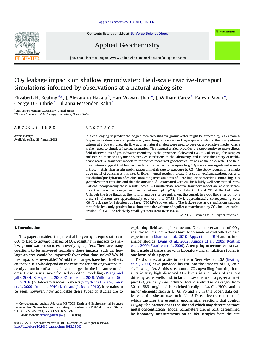 CO2 leakage impacts on shallow groundwater: Field-scale reactive-transport simulations informed by observations at a natural analog site