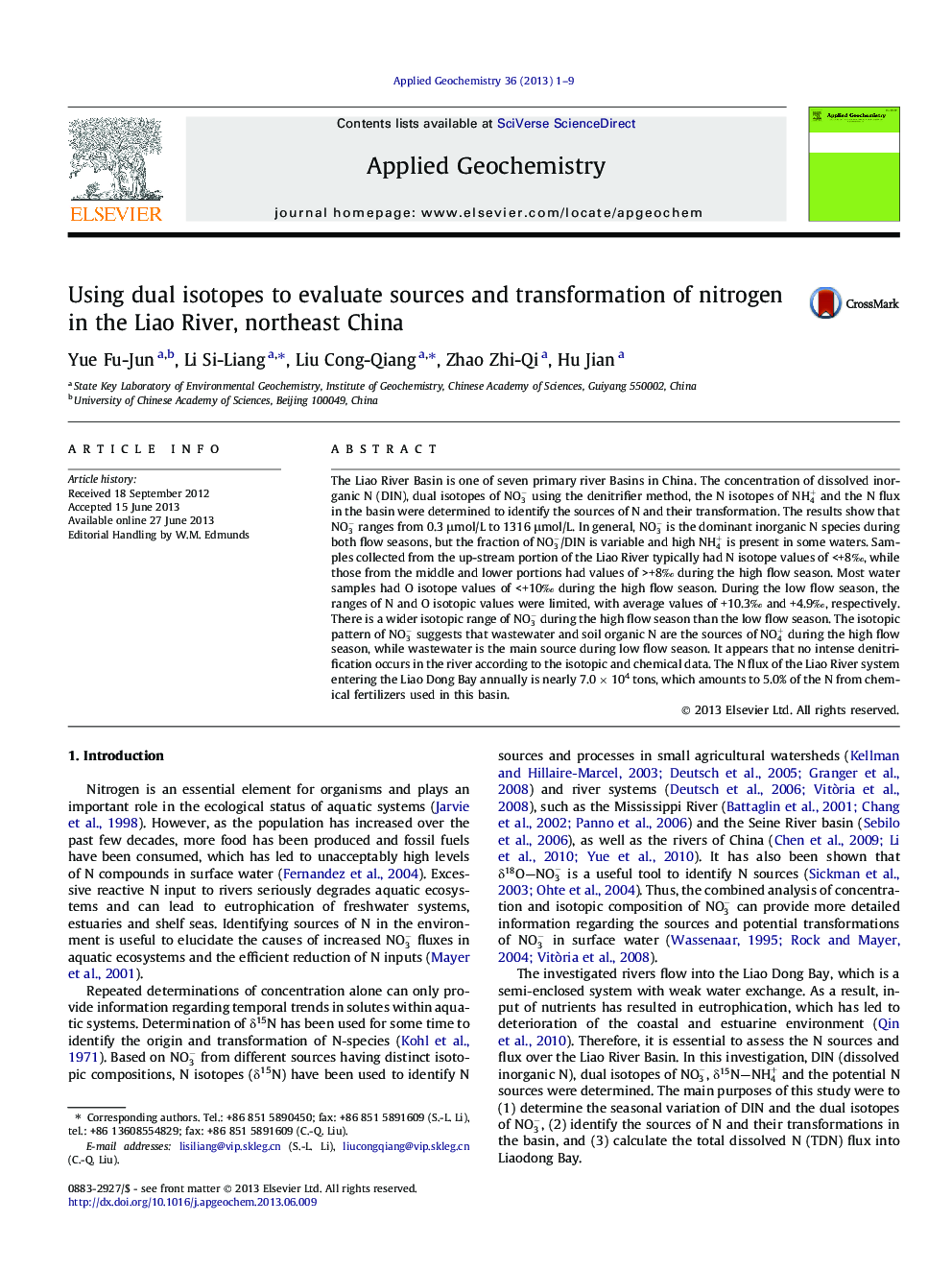 Using dual isotopes to evaluate sources and transformation of nitrogen in the Liao River, northeast China