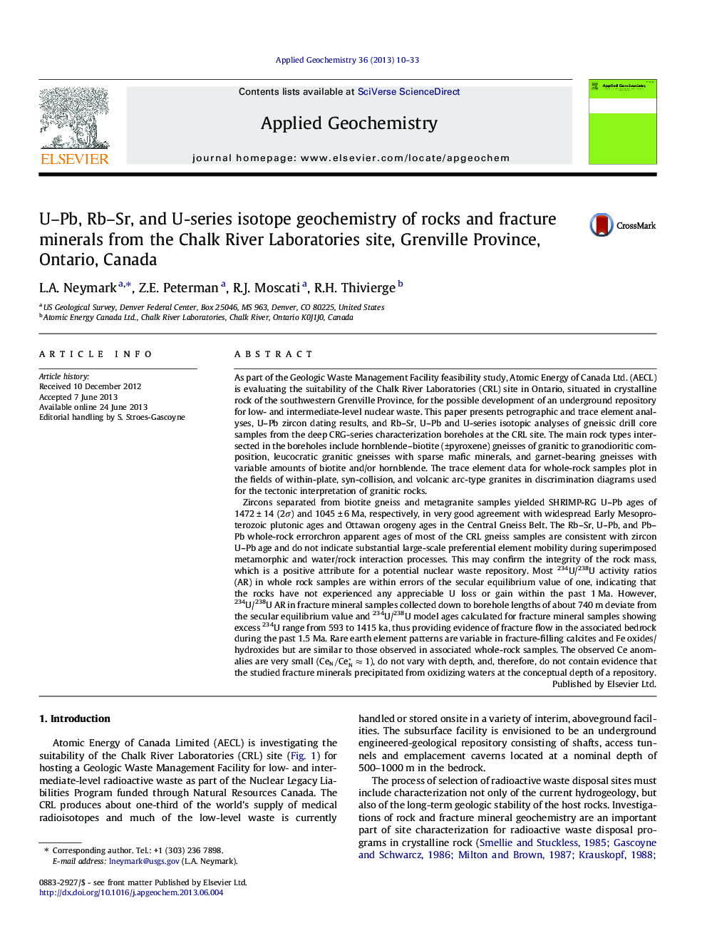 U–Pb, Rb–Sr, and U-series isotope geochemistry of rocks and fracture minerals from the Chalk River Laboratories site, Grenville Province, Ontario, Canada