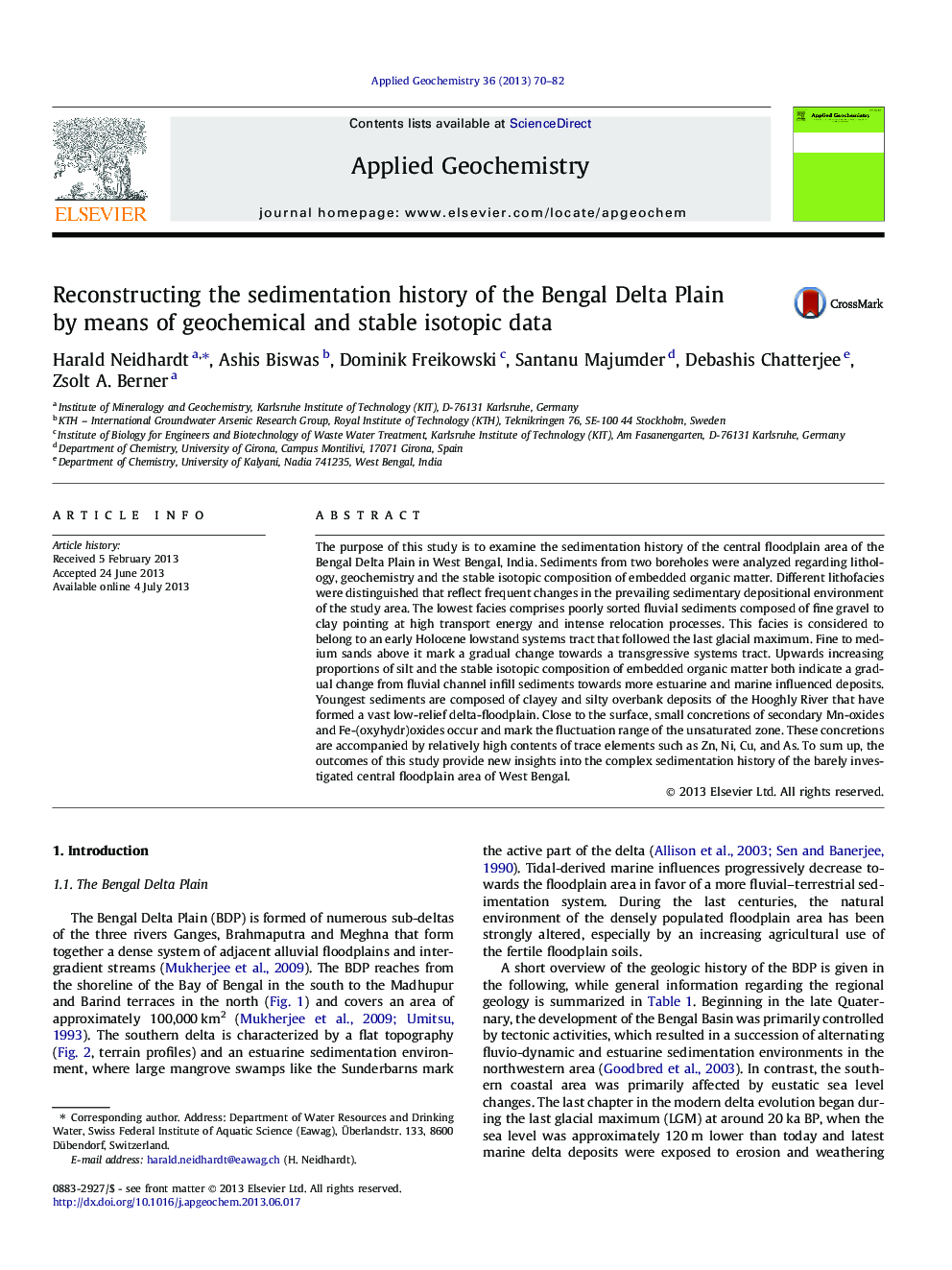 Reconstructing the sedimentation history of the Bengal Delta Plain by means of geochemical and stable isotopic data