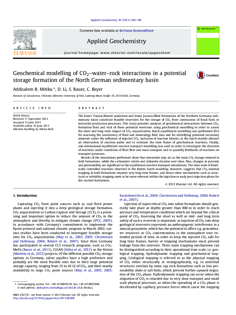 Geochemical modelling of CO2–water–rock interactions in a potential storage formation of the North German sedimentary basin