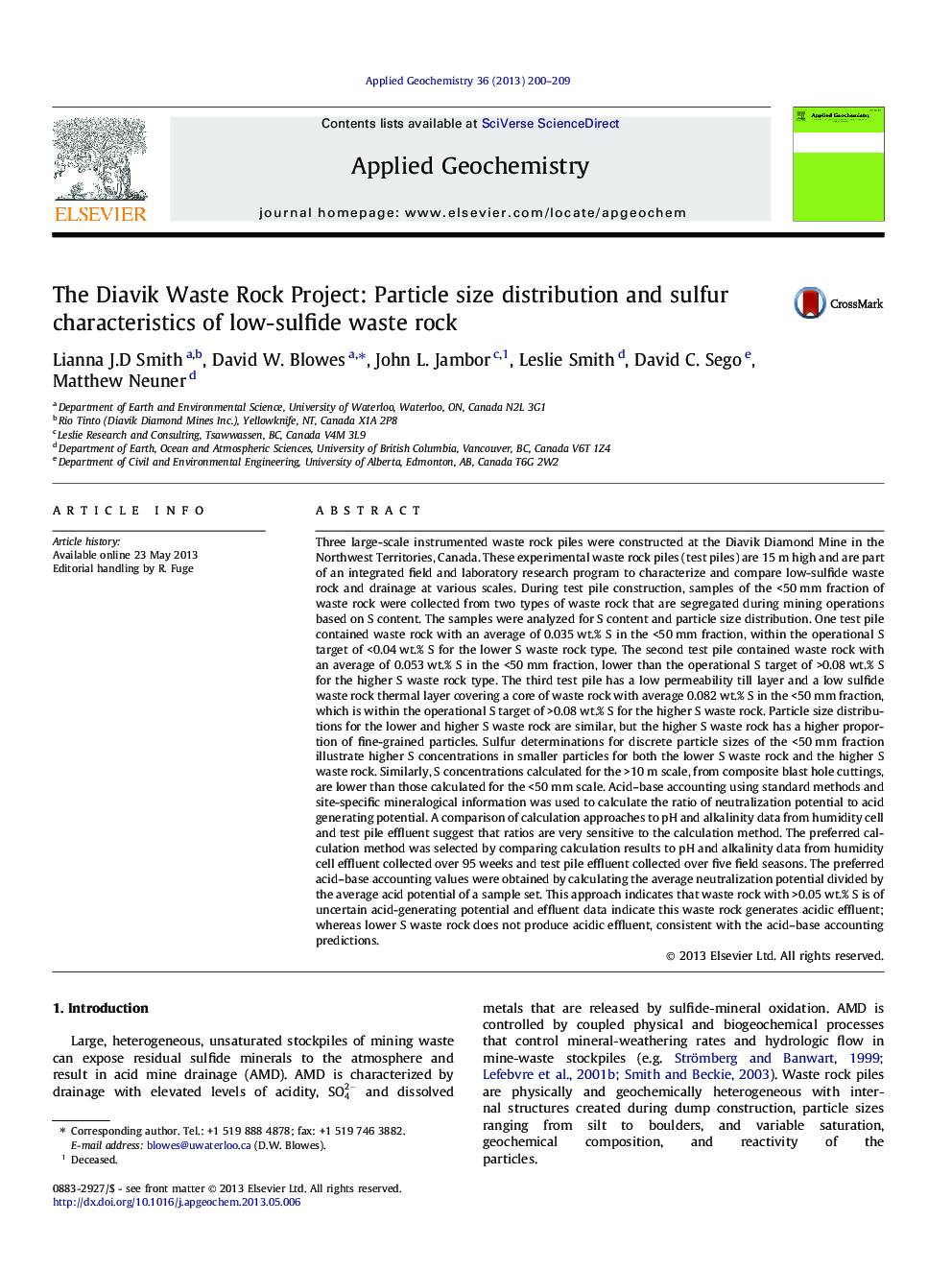 The Diavik Waste Rock Project: Particle size distribution and sulfur characteristics of low-sulfide waste rock