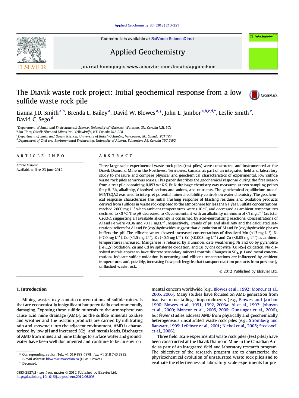 The Diavik waste rock project: Initial geochemical response from a low sulfide waste rock pile