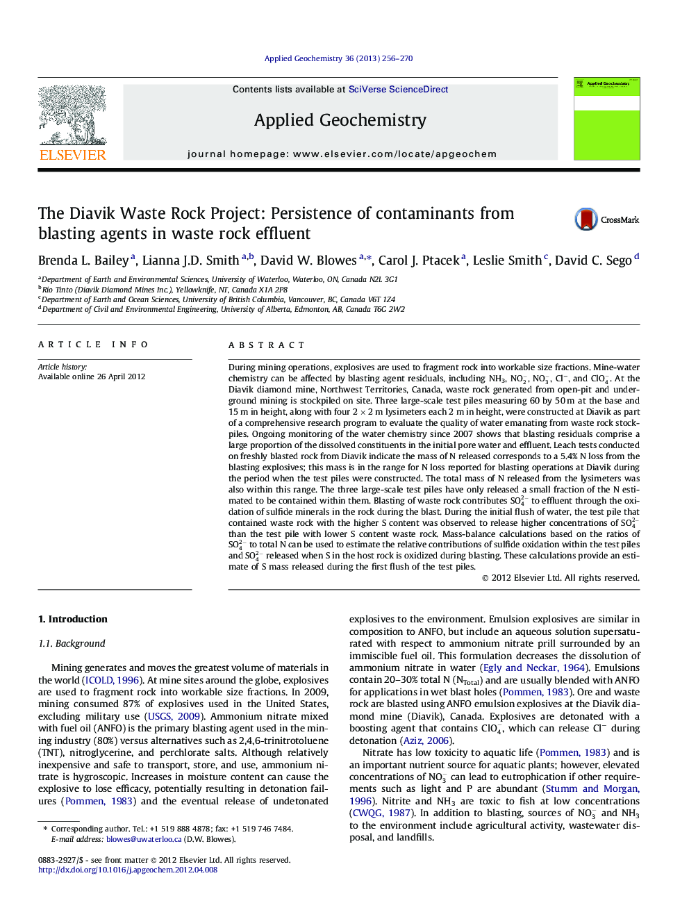 The Diavik Waste Rock Project: Persistence of contaminants from blasting agents in waste rock effluent
