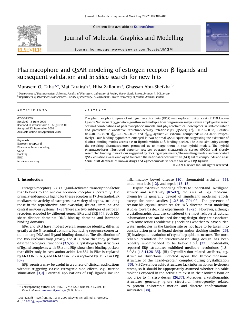 Pharmacophore and QSAR modeling of estrogen receptor β ligands and subsequent validation and in silico search for new hits