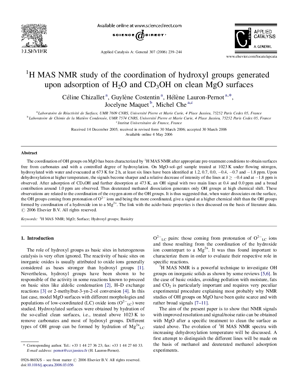 1H MAS NMR study of the coordination of hydroxyl groups generated upon adsorption of H2O and CD3OH on clean MgO surfaces