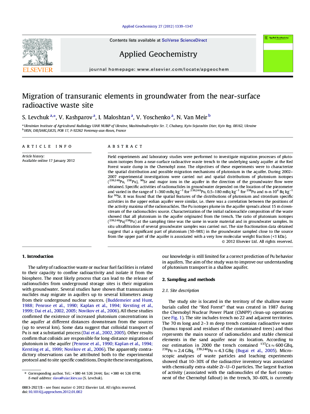 Migration of transuranic elements in groundwater from the near-surface radioactive waste site