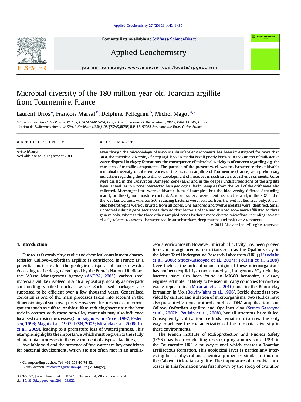 Microbial diversity of the 180 million-year-old Toarcian argillite from Tournemire, France