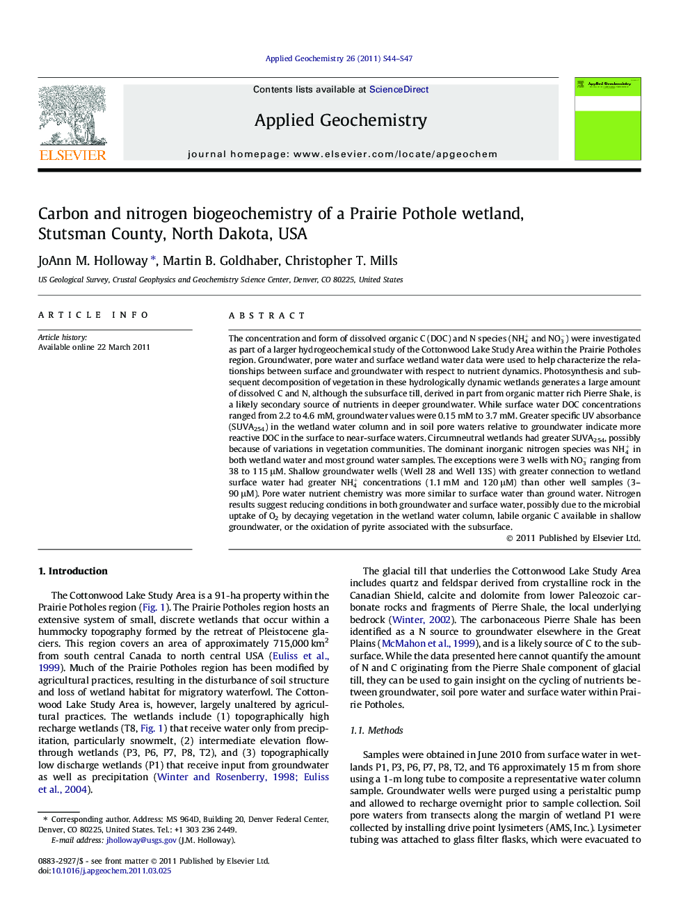 Carbon and nitrogen biogeochemistry of a Prairie Pothole wetland, Stutsman County, North Dakota, USA