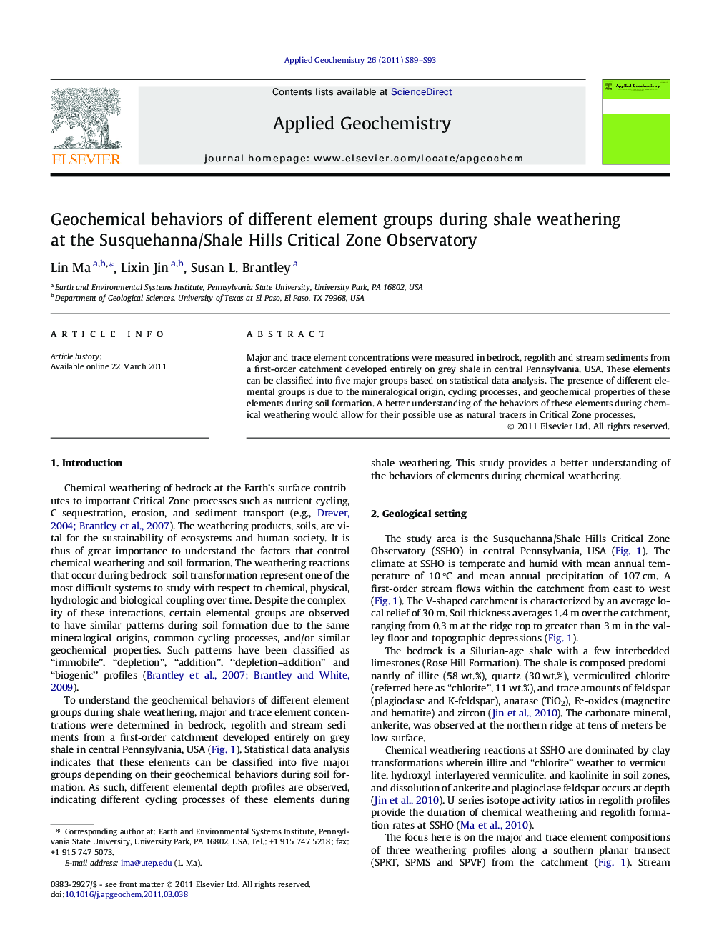 Geochemical behaviors of different element groups during shale weathering at the Susquehanna/Shale Hills Critical Zone Observatory