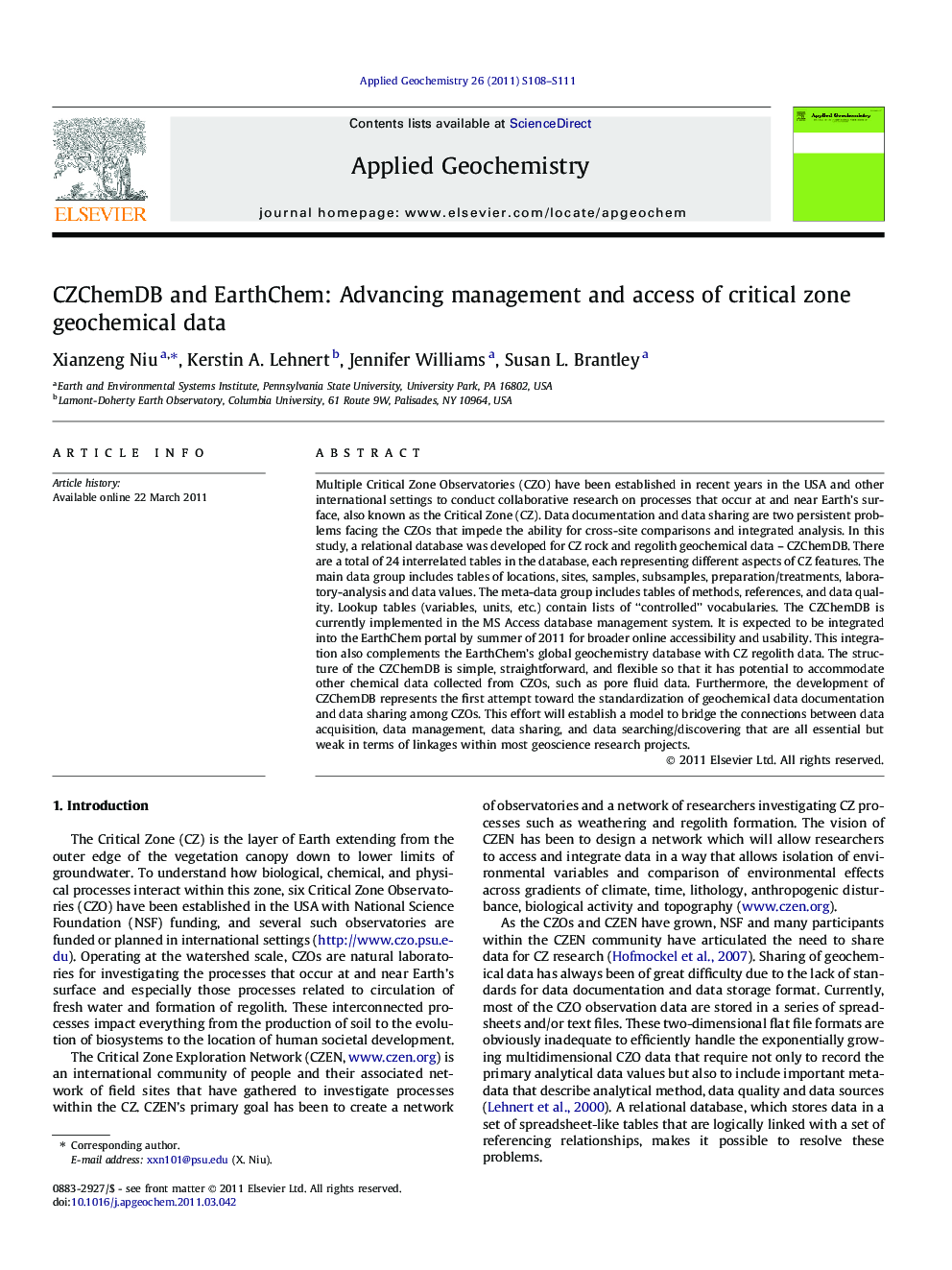 CZChemDB and EarthChem: Advancing management and access of critical zone geochemical data