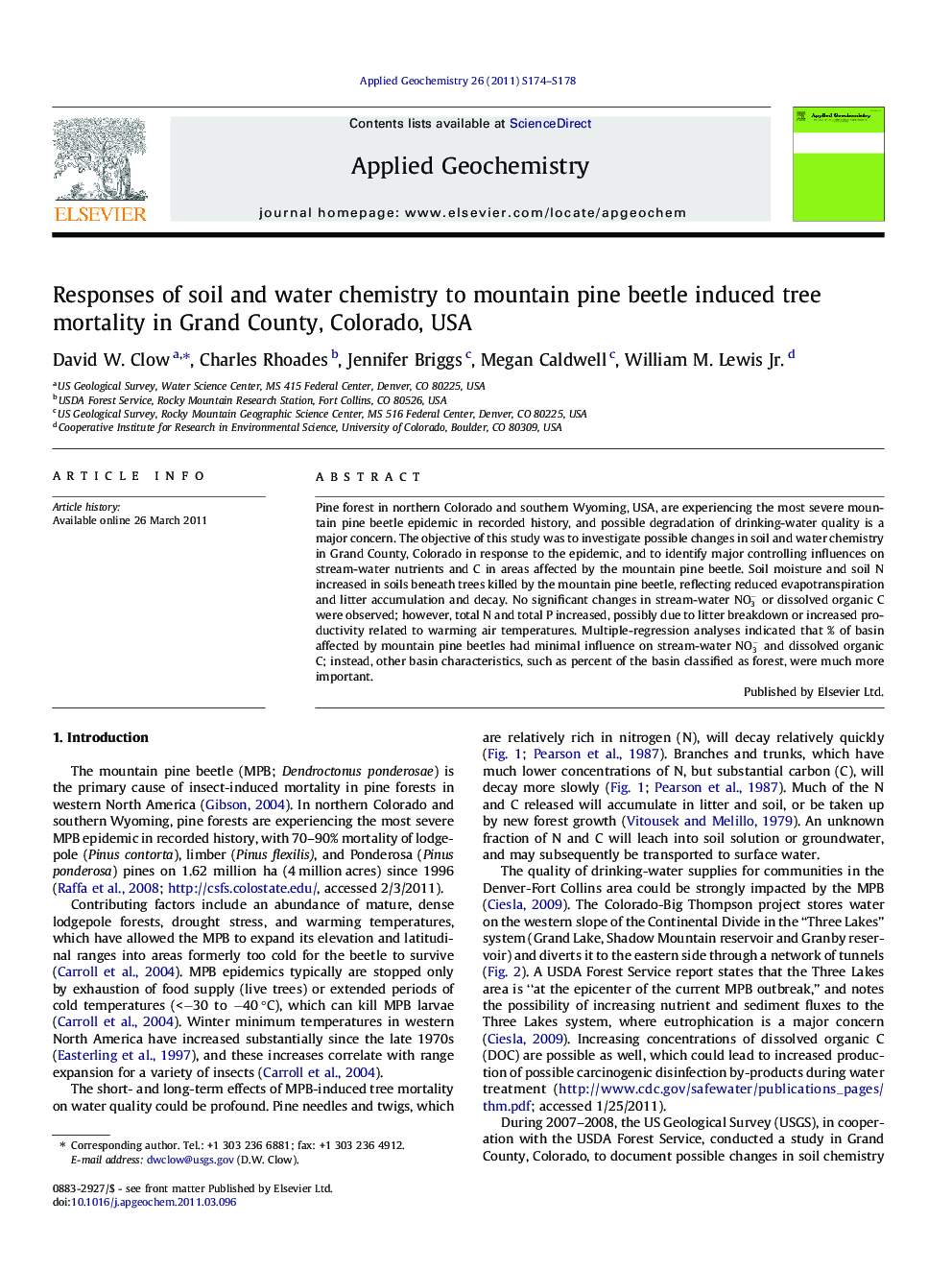 Responses of soil and water chemistry to mountain pine beetle induced tree mortality in Grand County, Colorado, USA