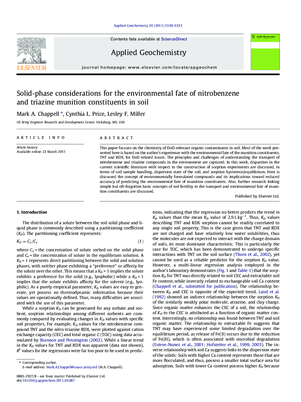 Solid-phase considerations for the environmental fate of nitrobenzene and triazine munition constituents in soil